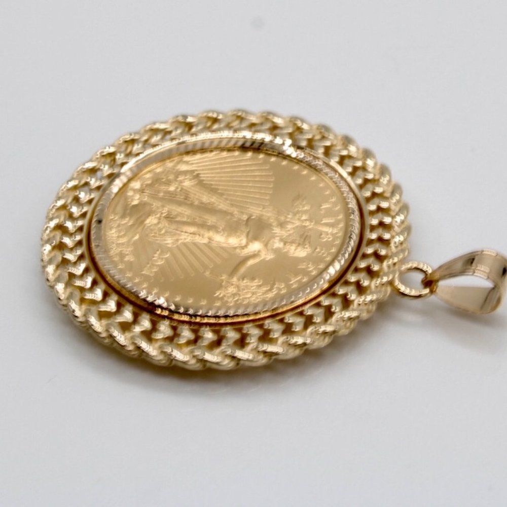 New 14k Gold Double Row Diamond Cut Bezel With 1/4oz American Eagle Coin - Picture 7 of 15